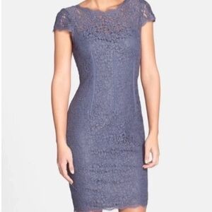 ADRIANNA PAPELL Gunmetal Lace Cap Sleeve Illusion Sheath Dress Sz. 10